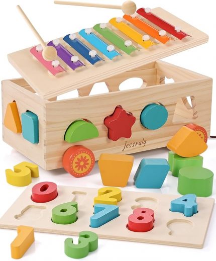 Wooden Shape Sorter, Xylophone & Number Puzzle Set with Pull-Along Car, Educational Montessori Toy for Toddlers